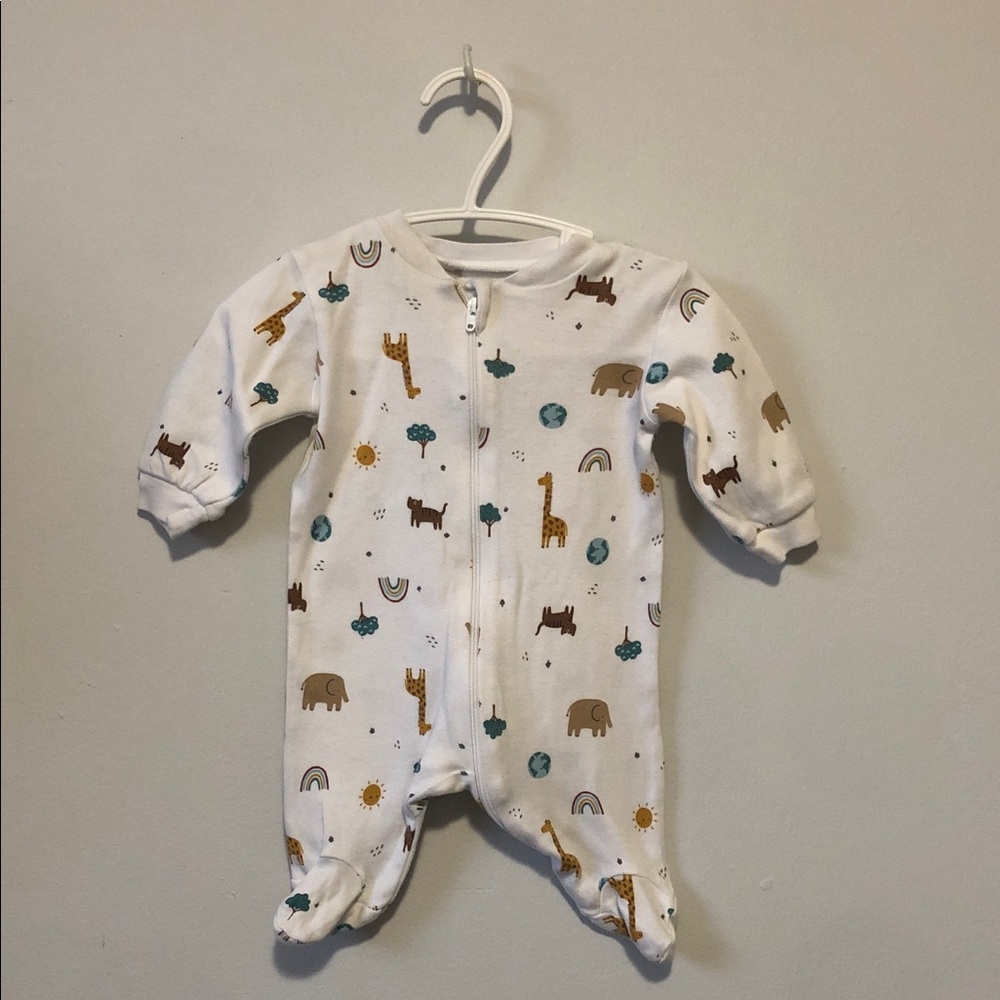 George White Baby Footed One-Piece with Safari Animal Print
